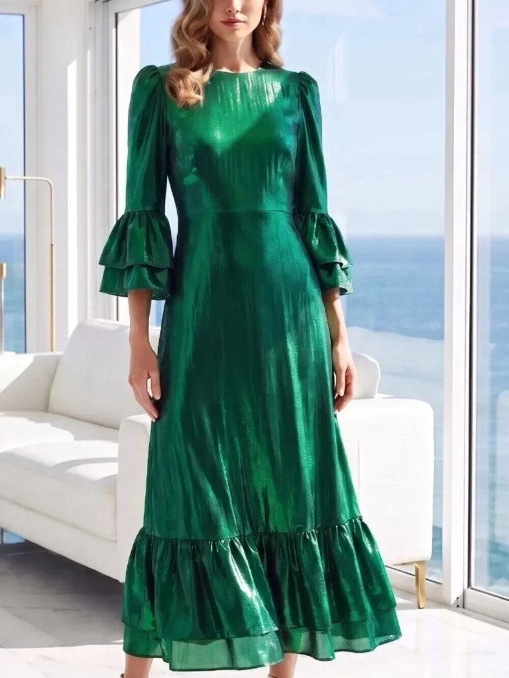Tuckernuck Pomander Place Emerald Green Crinkle Lurex Lilith Formal Maxi Dress L